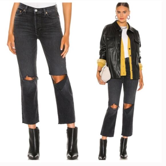 Re/done Originals 70s Stove Pipe Jean In Faded Coal With Rips 32 - Picture 8 of 8